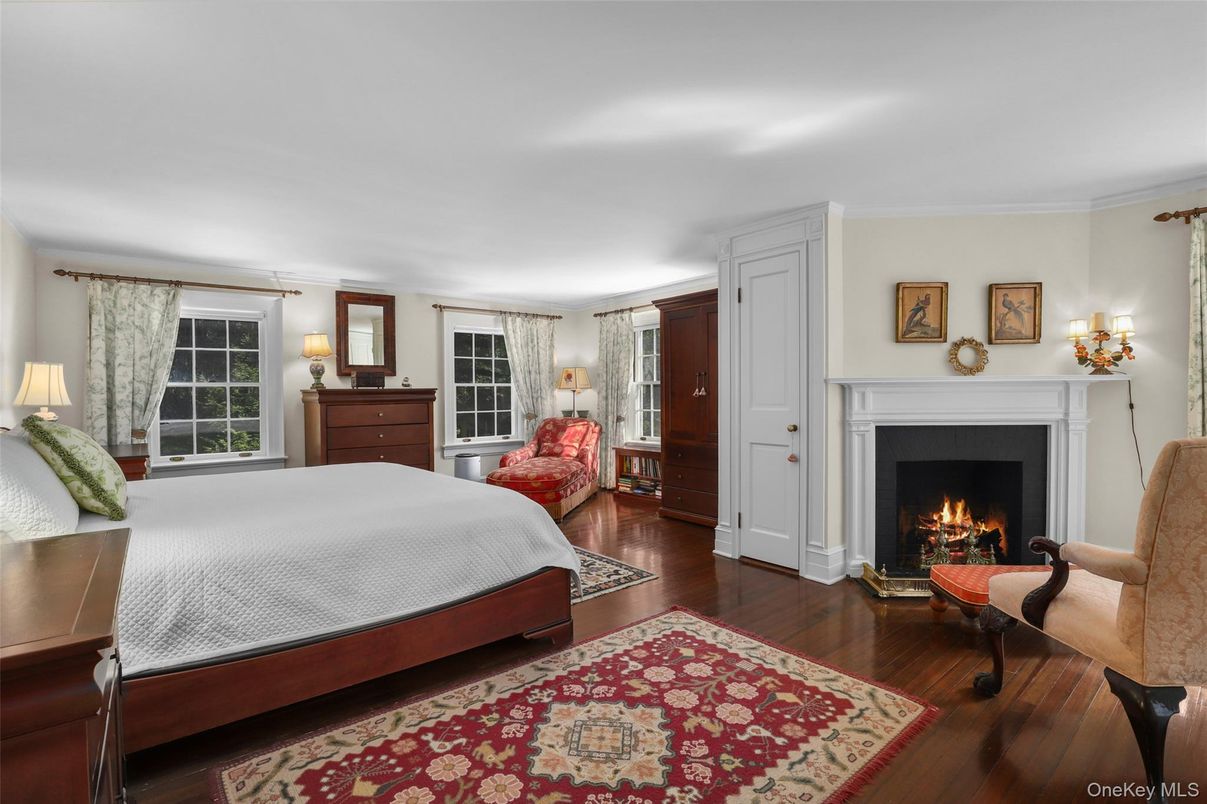 Bedroom, Fireplace, Interior, Wood Texture Flooring