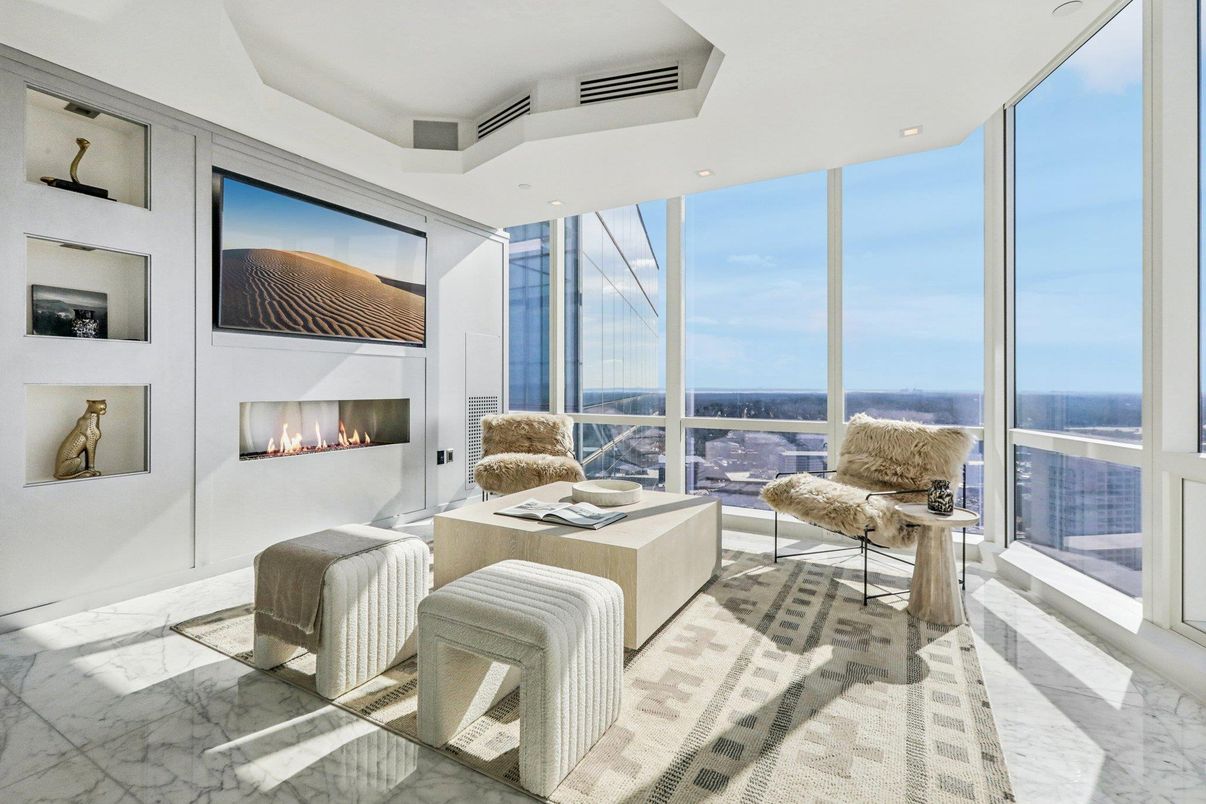 Fireplace, Interior, Living room, Marble, Recessed Lighting, Water