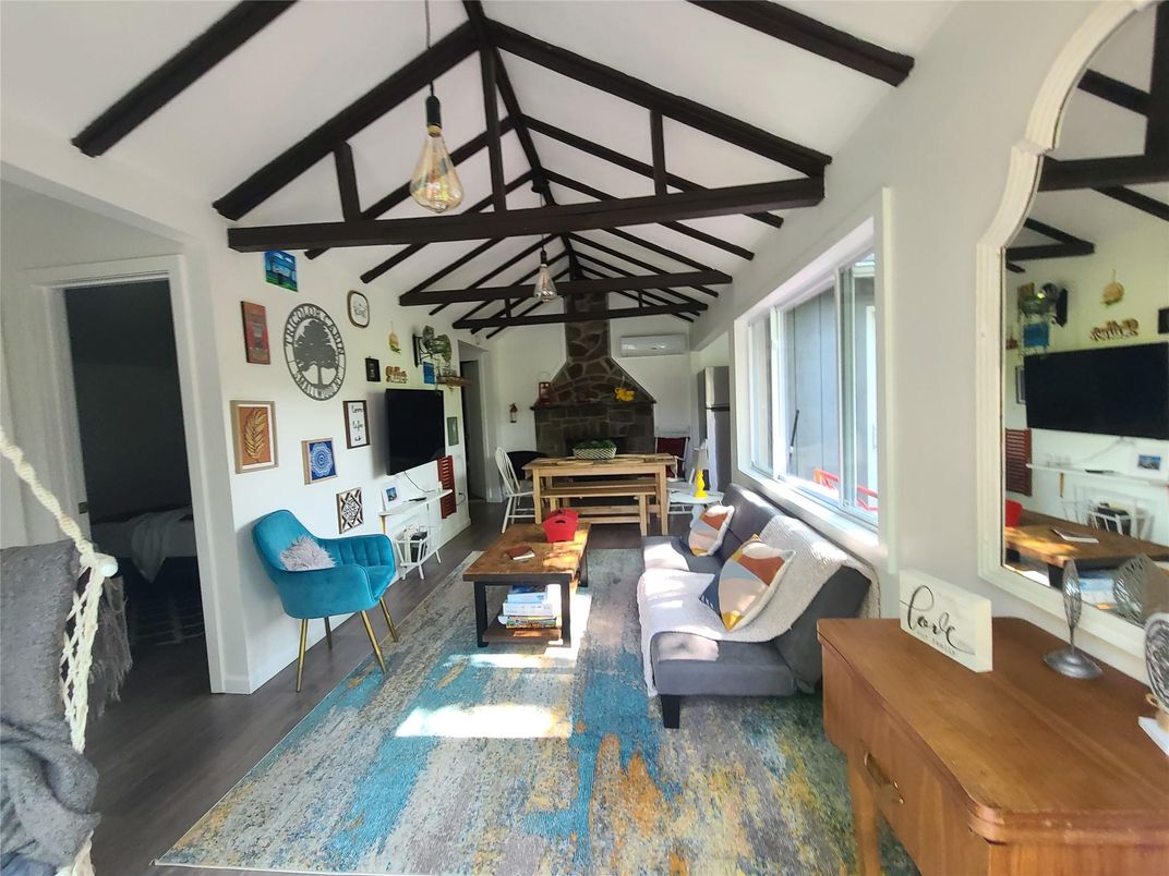 Interior, Living room, Pendant Lights, Piano, Wooden Beams, Wood Texture Flooring
