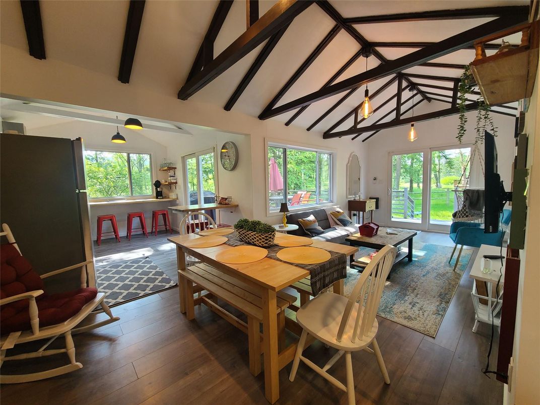 Dining room, Interior, Living room, Pendant Lights, Wooden Beams, Wood Texture Flooring