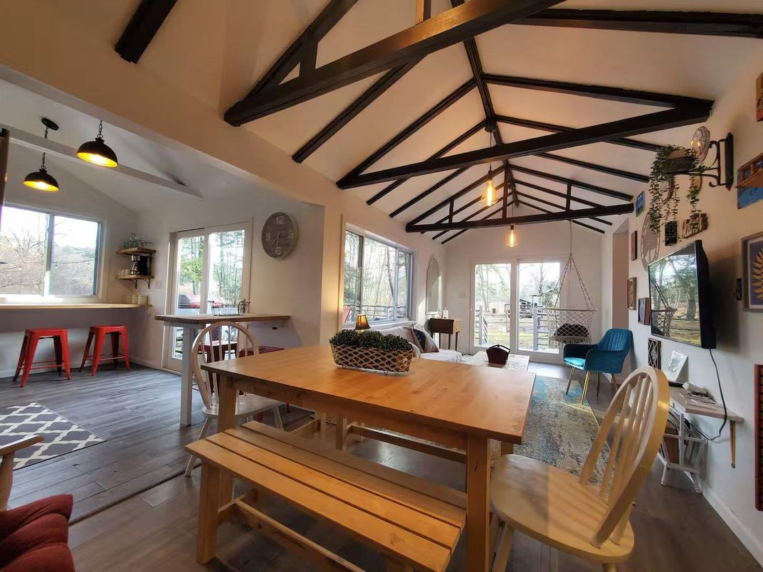 Dining room, Interior, Pendant Lights, Wooden Beams, Wood Texture Flooring