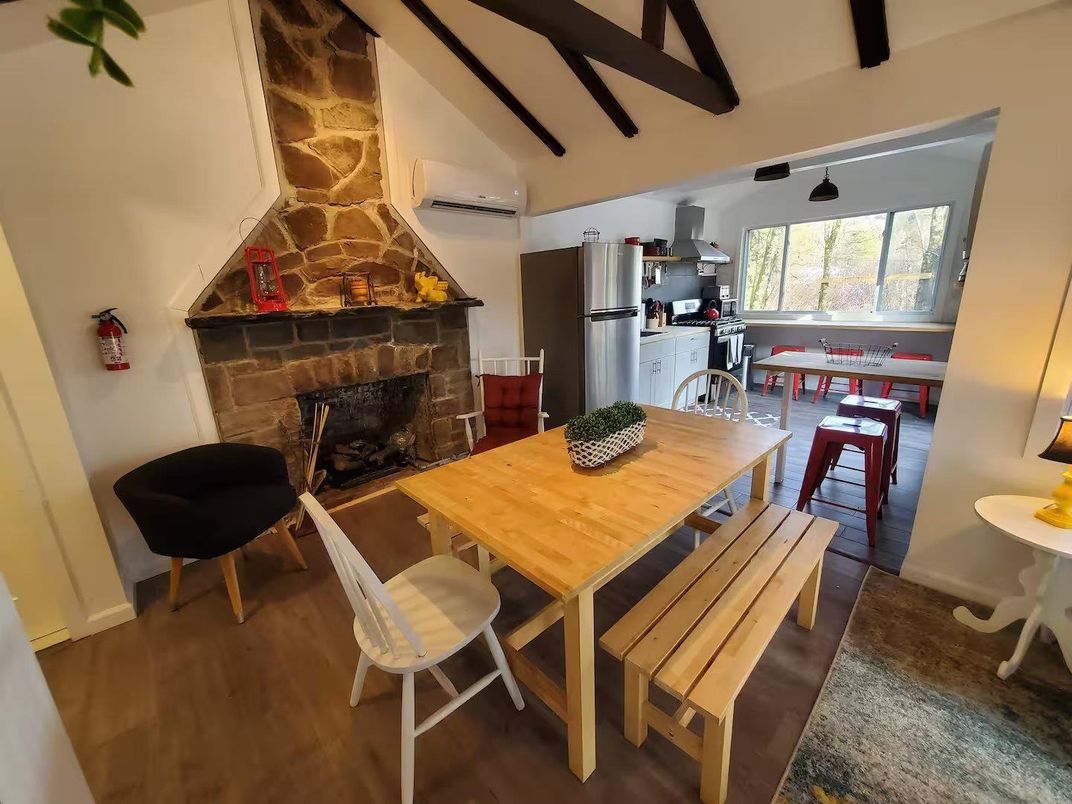 Dining room, Fireplace, Interior, Kitchen, Stone Walls, Wooden Beams, Wood Texture Flooring