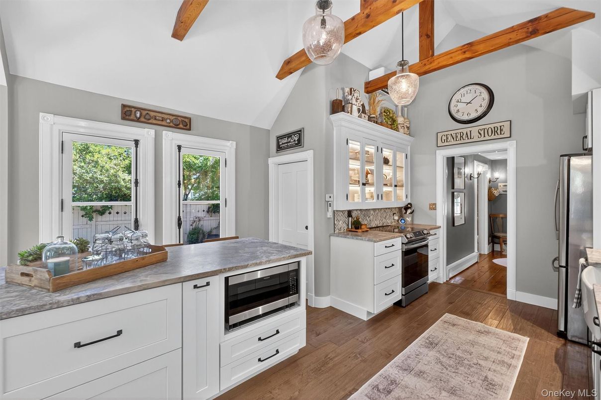 Interior, Kitchen, Pendant Lights, Wooden Beams, Wood Texture Flooring