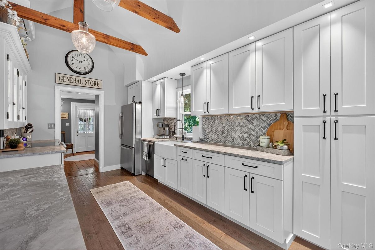 Interior, Kitchen, Pendant Lights, Recessed Lighting, Wooden Beams, Wood Texture Flooring