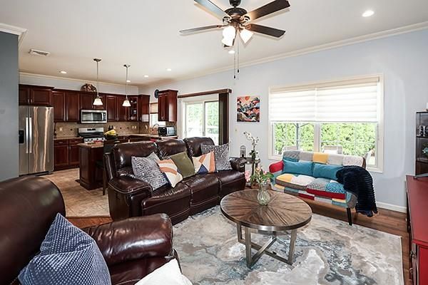 Interior, Kitchen, Living room, Pendant Lights, Recessed Lighting, Stainless Steel Appliances, Wood Texture Flooring