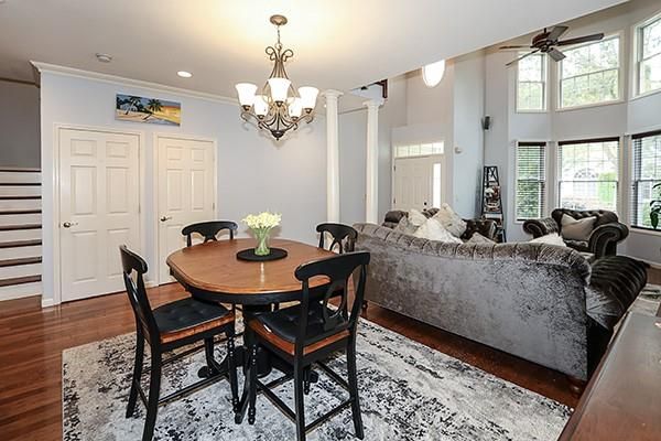 Chandelier, Dining room, Interior, Living room, Recessed Lighting, Wood Texture Flooring