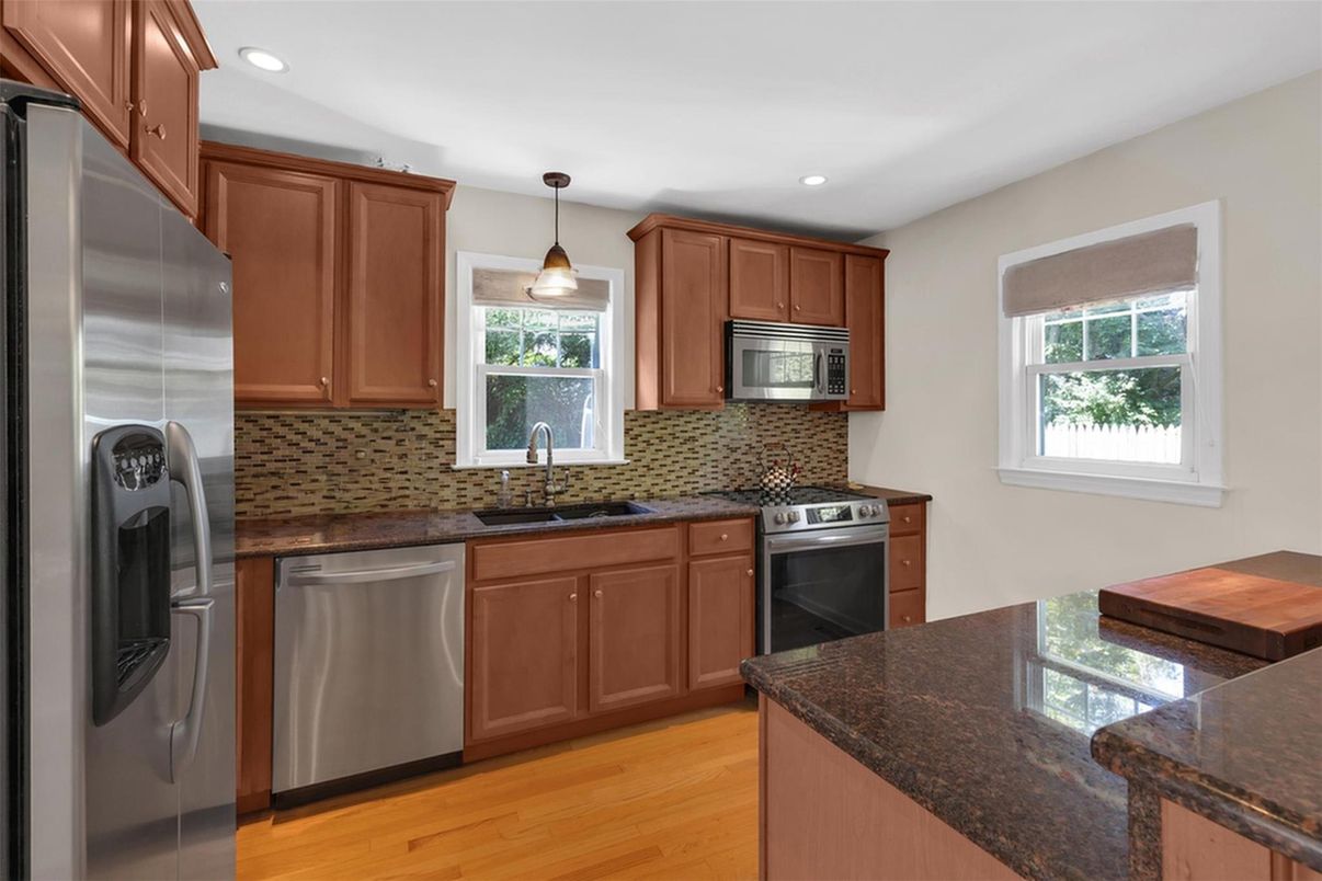 Interior, Kitchen, Pendant Lights, Recessed Lighting, Stainless Steel Appliances, Wood Texture Flooring