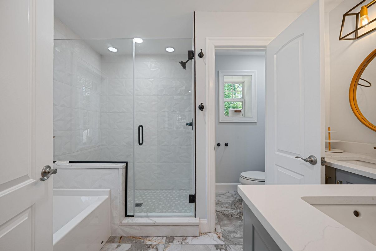 Bathroom, Glass Shower, Interior, Marble, Marble Walls, Recessed Lighting