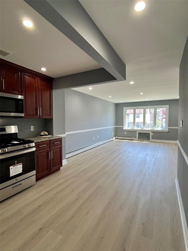 Empty room, Interior, Kitchen, Recessed Lighting, Wood Texture Flooring