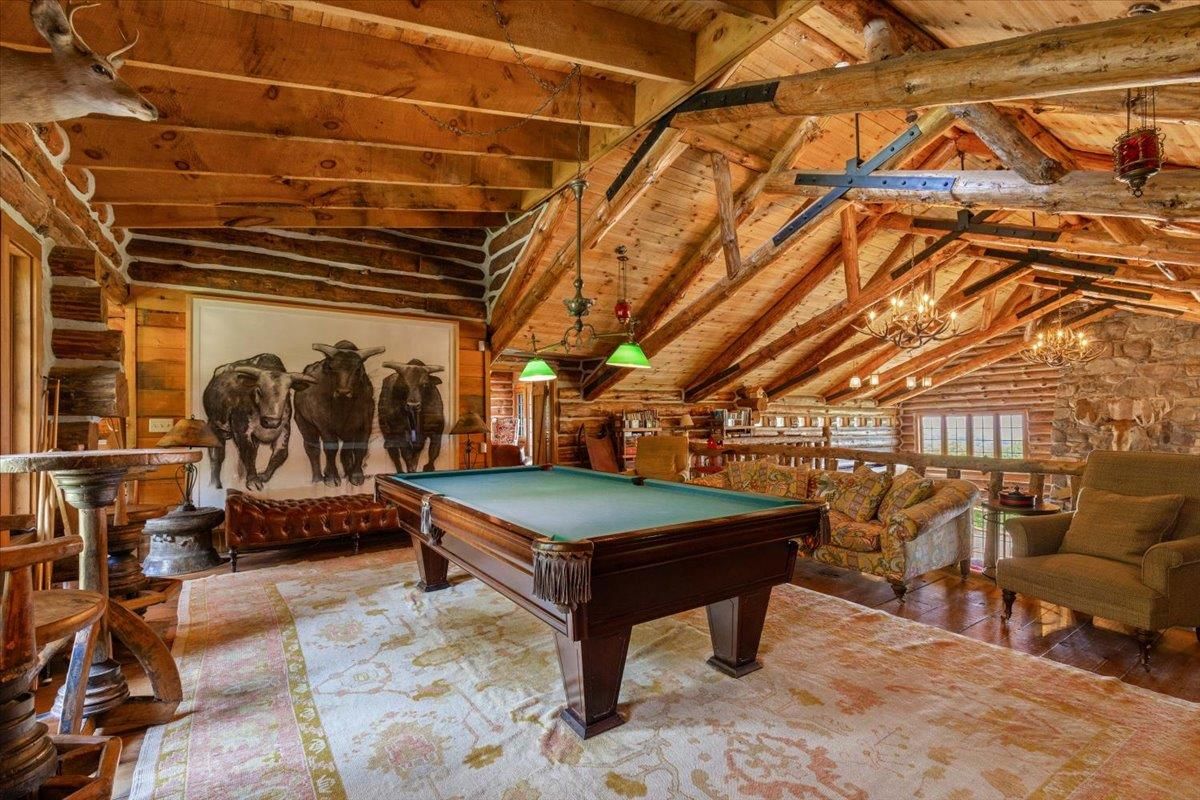 Billiard Table, Chandelier, Game Room, Interior, Pendant Lights, Stone Walls, Wooden Beams, Wooden Ceilings
