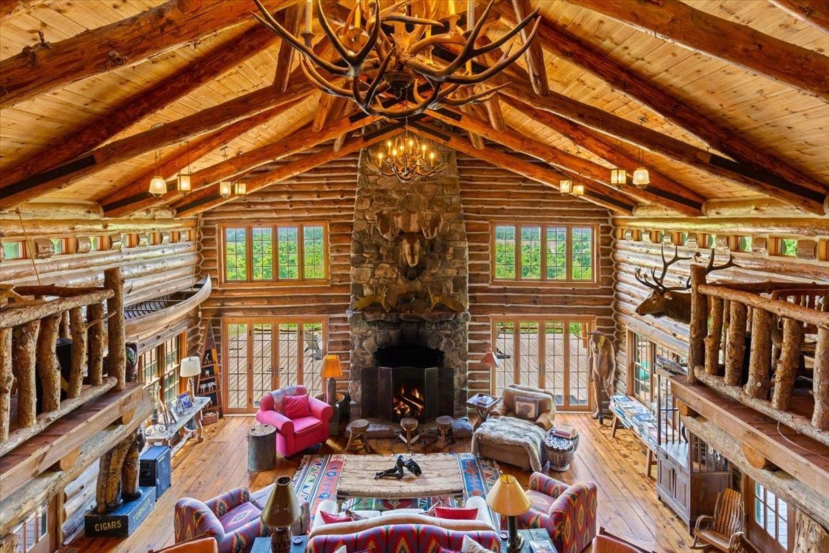 Chandelier, Fireplace, Interior, Living room, Stone Walls, Wooden Beams, Wooden Ceilings, Wood Texture Flooring, Wooden Walls
