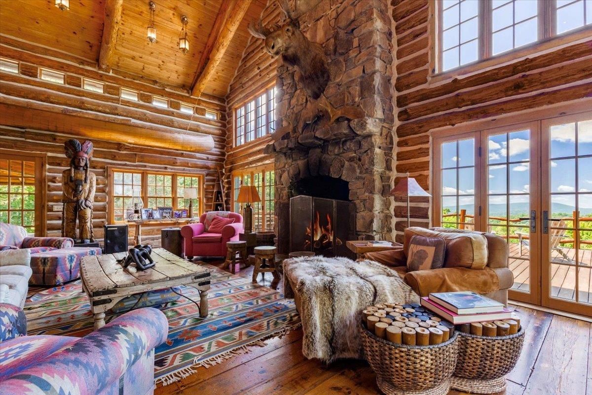 Fireplace, Interior, Living room, Stone Walls, Water, Wooden Beams, Wooden Ceilings, Wood Texture Flooring, Wooden Walls