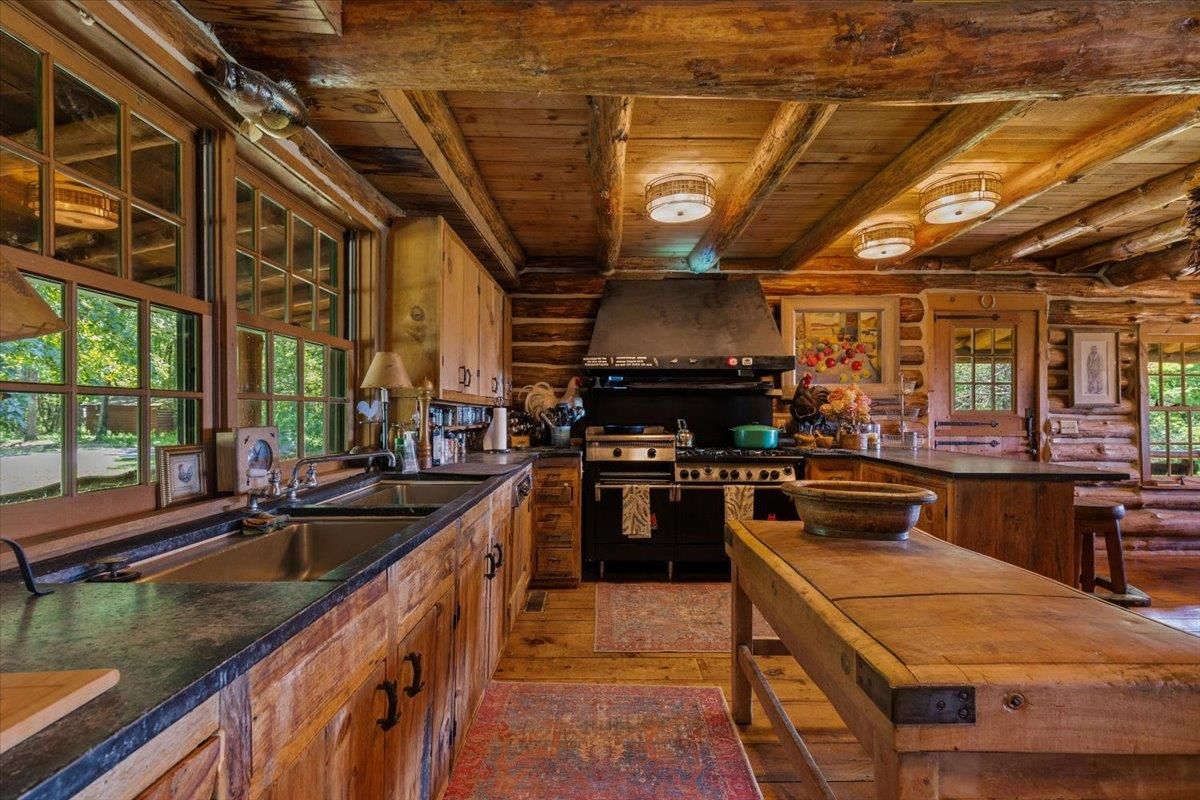 Interior, Kitchen, Stainless Steel Appliances, Wooden Beams, Wooden Ceilings, Wood Texture Flooring, Wooden Walls