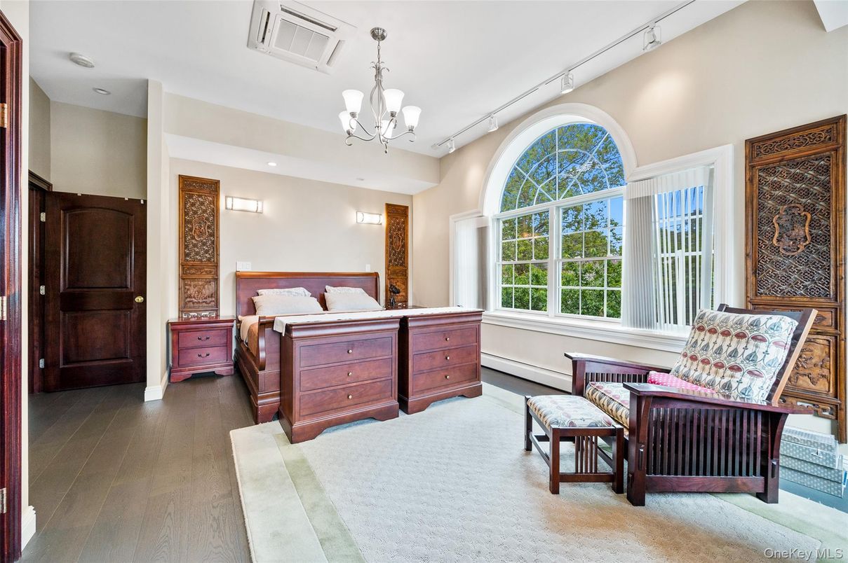 Bedroom, Chandelier, Interior, Recessed Lighting, Wood Texture Flooring