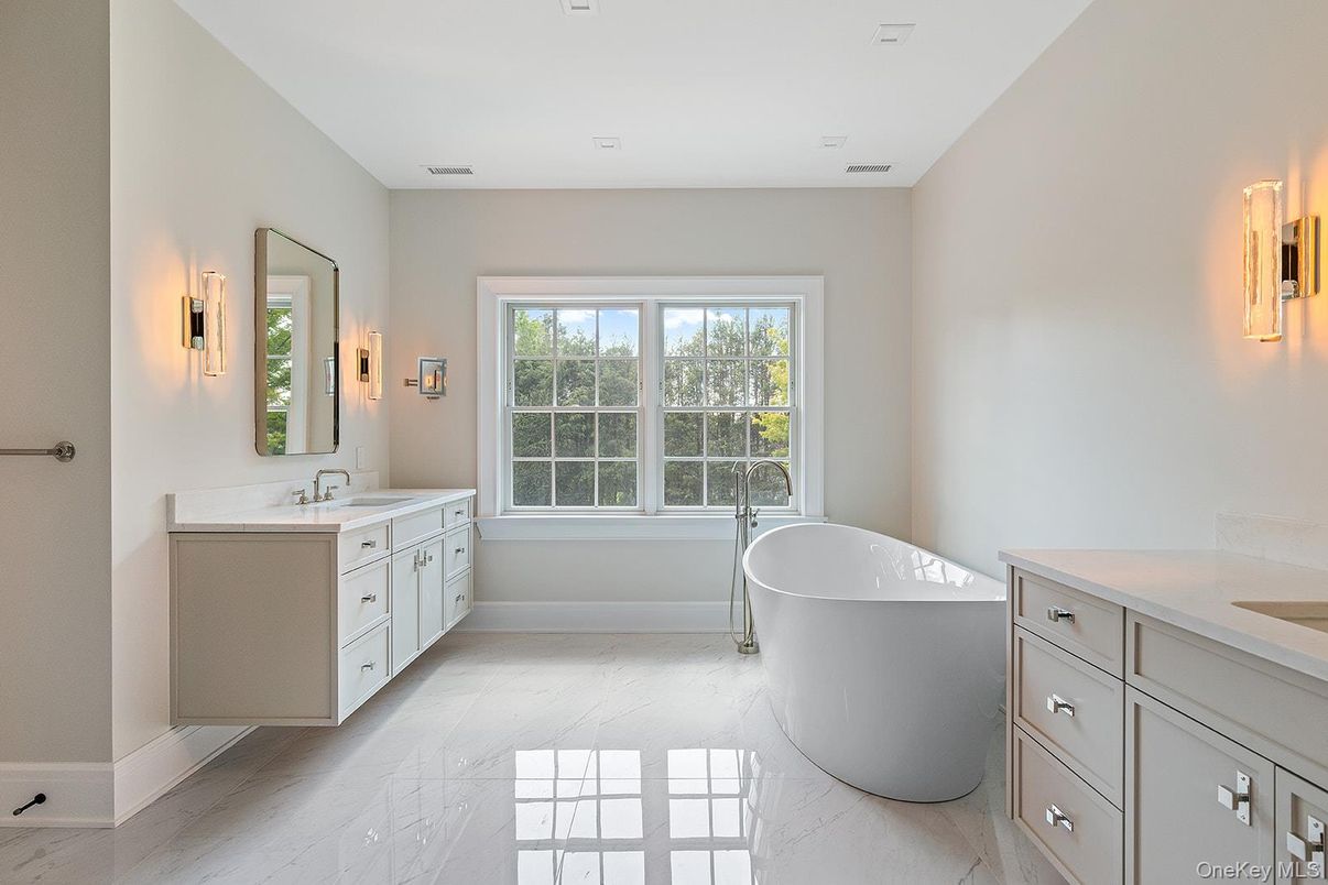 Bathroom, Dual Sink Vanities, Free Standing Baths, Interior, Marble, Recessed Lighting