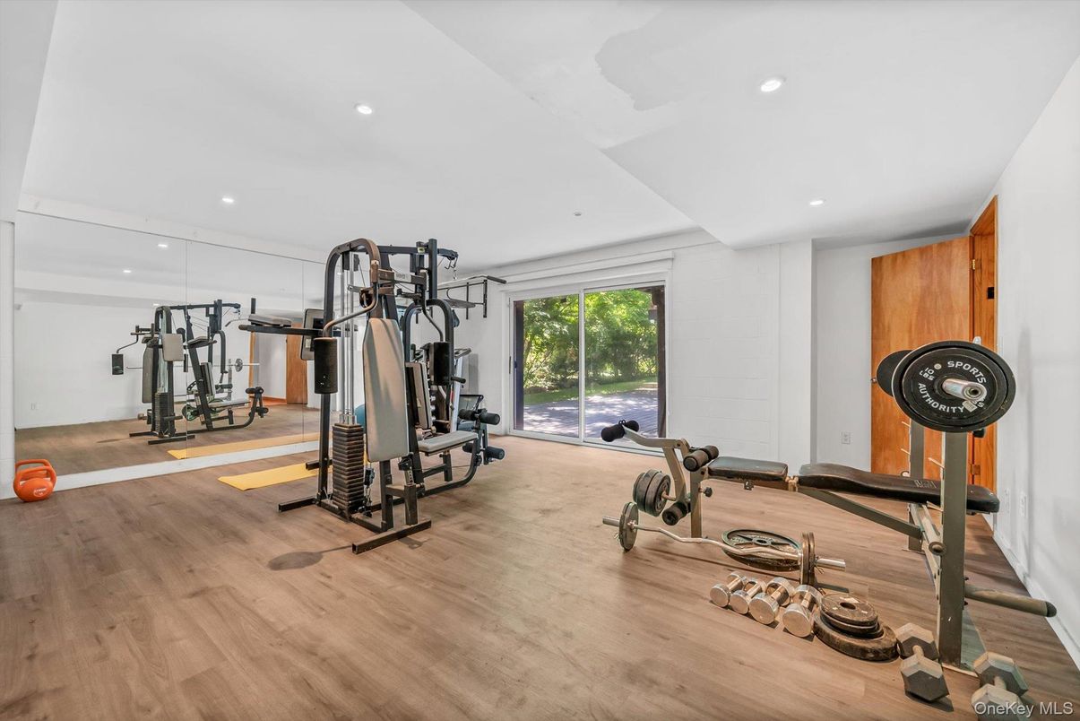 Fitness Equipment, Gym, Interior, Recessed Lighting, Wood Texture Flooring