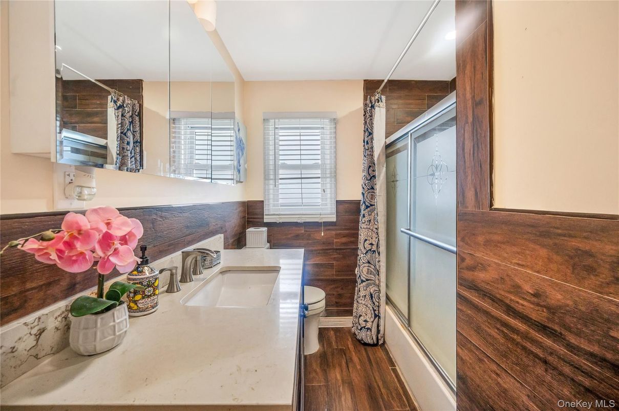 Bathroom, Glass Shower, Interior, Wood Texture Flooring