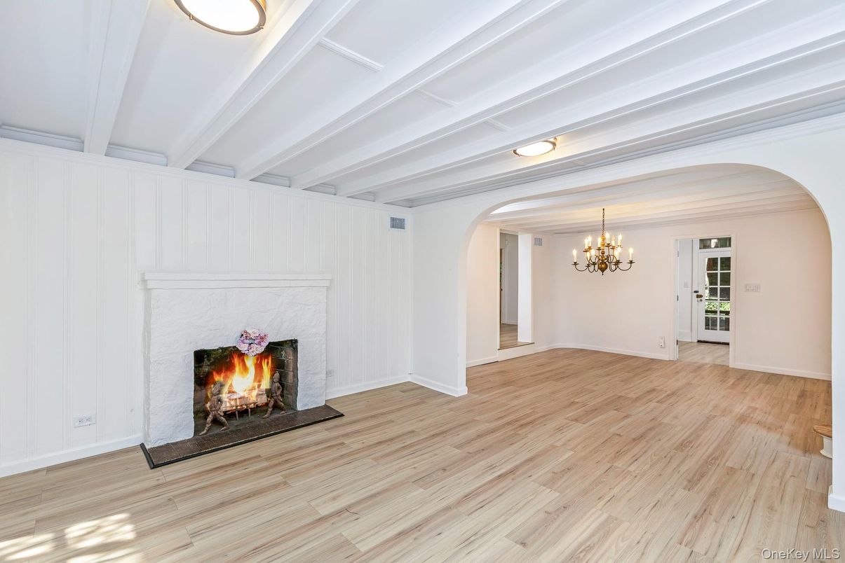 Chandelier, Empty room, Fireplace, Interior, Wood Texture Flooring