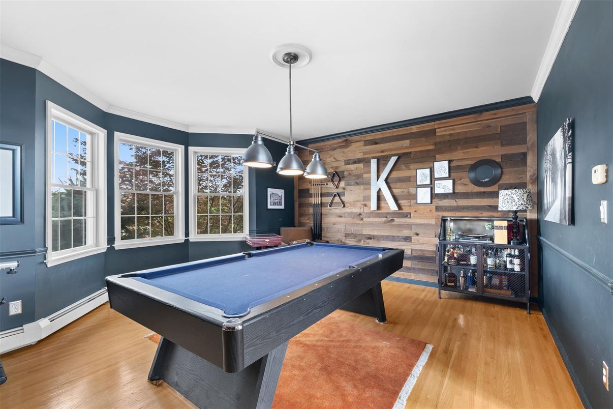 Billiard Table, Game Room, Interior, Pendant Lights, Wood Texture Flooring, Wooden Walls