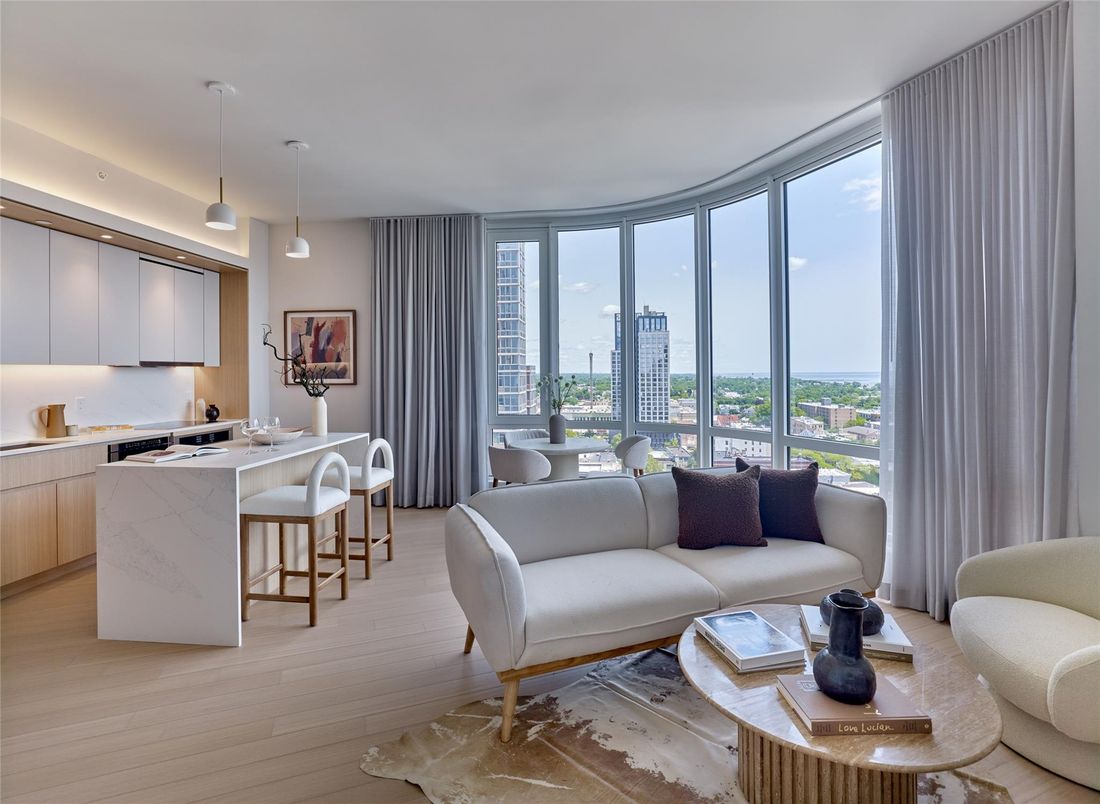 Interior, Kitchen, Living room, Pendant Lights, Recessed Lighting, Water, Wood Texture Flooring