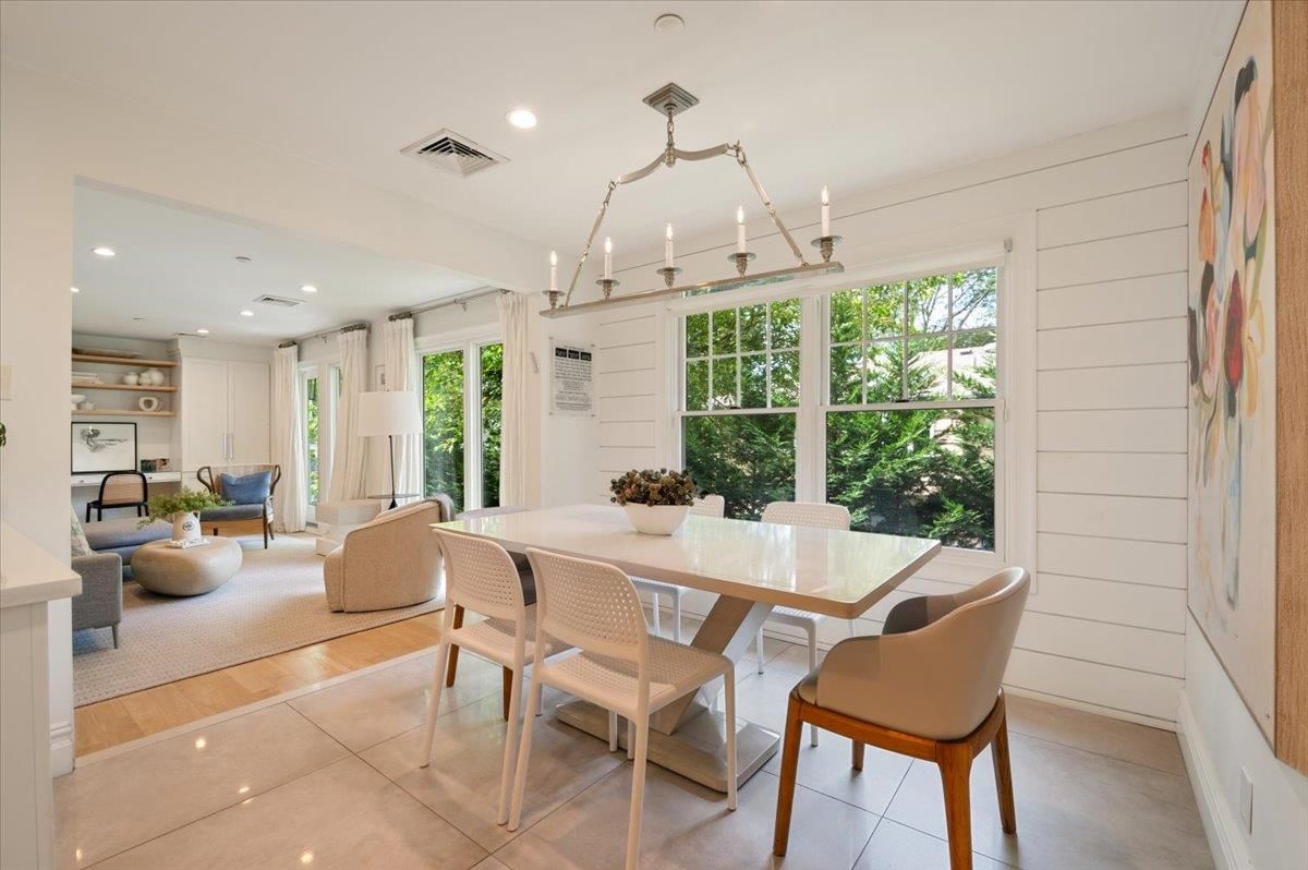 Dining room, Interior, Living room, Pendant Lights, Recessed Lighting, Wood Texture Flooring