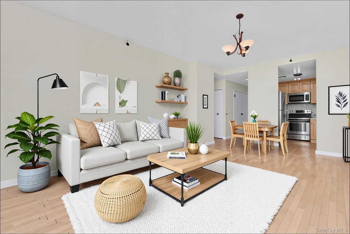 Chandelier, Dining room, Interior, Kitchen, Living room, Pendant Lights, Stainless Steel Appliances, Wood Texture Flooring