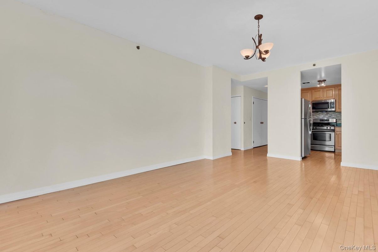 Chandelier, Empty room, Interior, Kitchen, Stainless Steel Appliances, Wood Texture Flooring