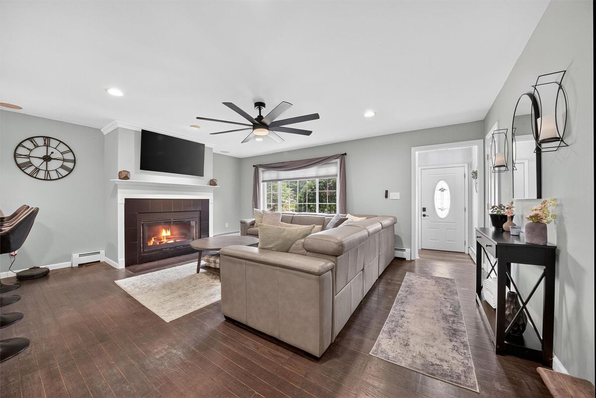 Fireplace, Interior, Living room, Recessed Lighting, Wood Texture Flooring