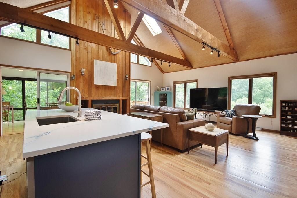 Fireplace, Interior, Kitchen, Living room, Wooden Beams, Wooden Ceilings, Wood Texture Flooring, Wooden Walls