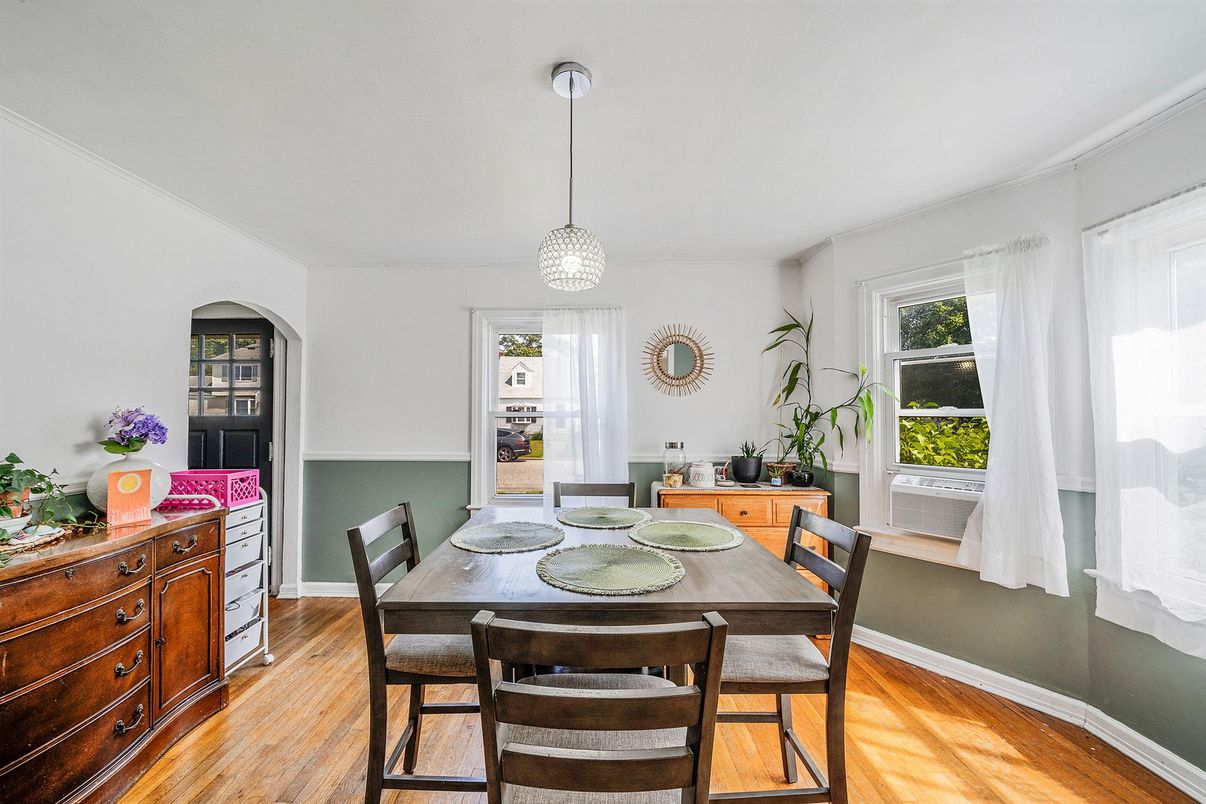 Dining room, Interior, Pendant Lights, Wood Texture Flooring