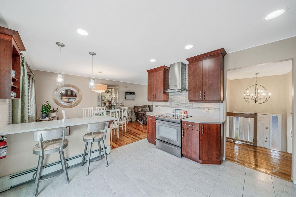 Chandelier, Interior, Kitchen, Pendant Lights, Recessed Lighting, Wood Texture Flooring