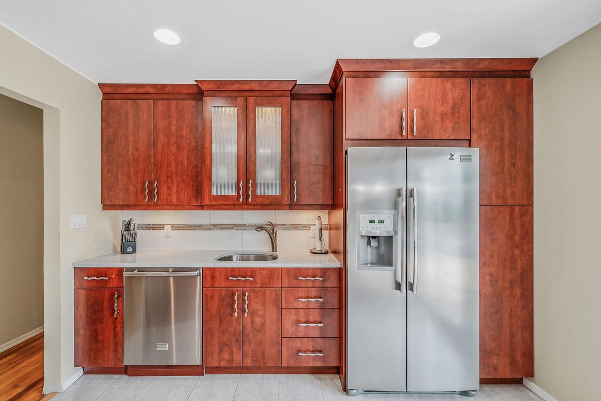 Interior, Kitchen, Recessed Lighting, Stainless Steel Appliances, Wood Texture Flooring