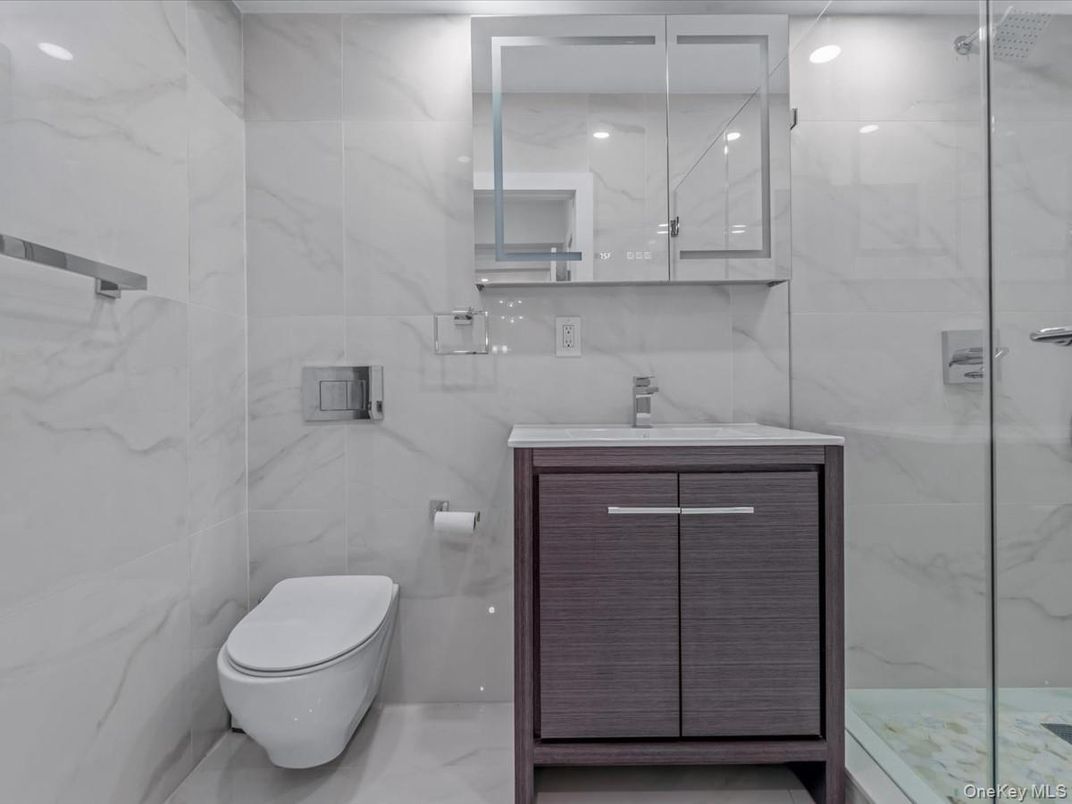 Bathroom, Glass Shower, Interior, Marble Walls, Recessed Lighting
