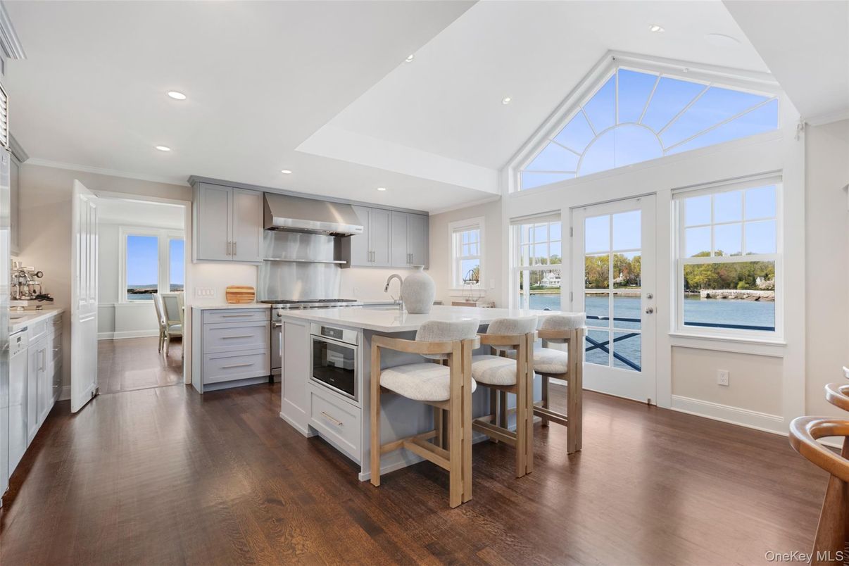 Interior, Kitchen, Recessed Lighting, Stainless Steel Appliances, Water, Wood Texture Flooring