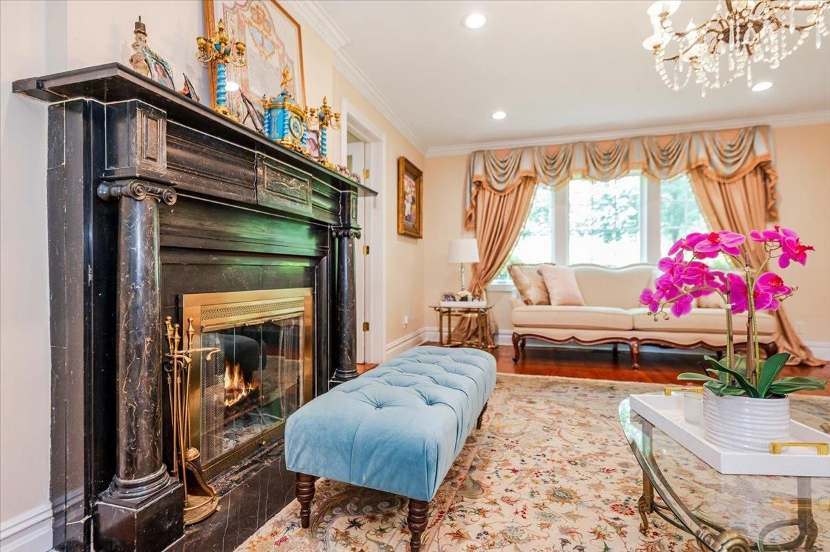 Chandelier, Fireplace, Interior, Living room, Recessed Lighting, Wood Texture Flooring