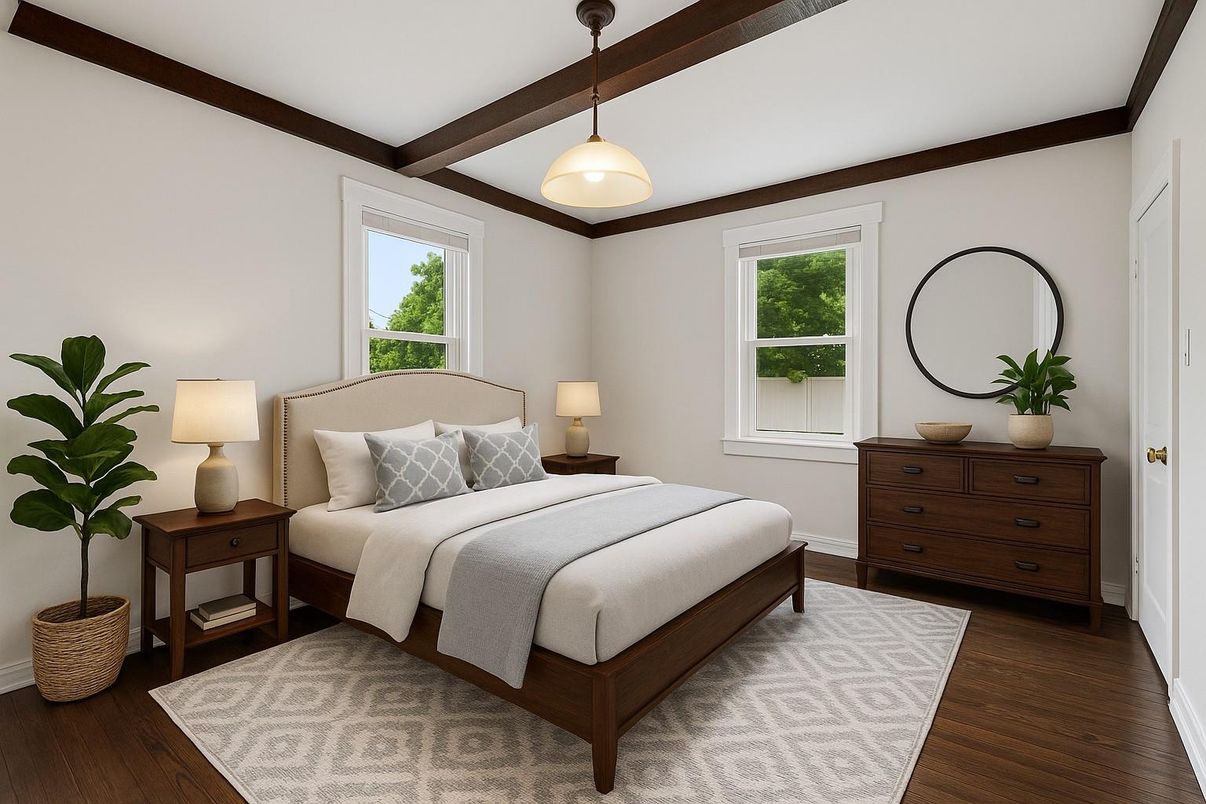 Bedroom, Interior, Pendant Lights, Wood Texture Flooring