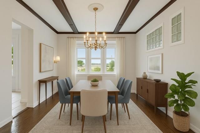 Chandelier, Dining room, Interior, Wooden Beams, Wood Texture Flooring