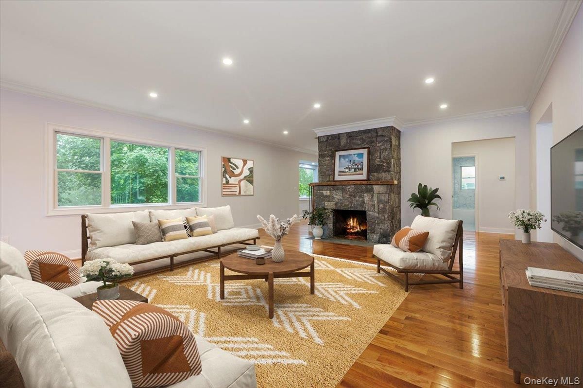 Fireplace, Interior, Living room, Recessed Lighting, Wood Texture Flooring