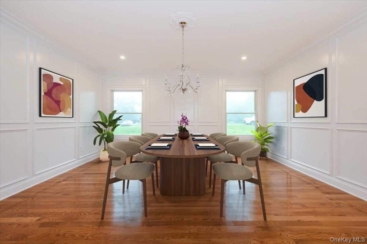 Chandelier, Dining room, Interior, Recessed Lighting, Wood Texture Flooring