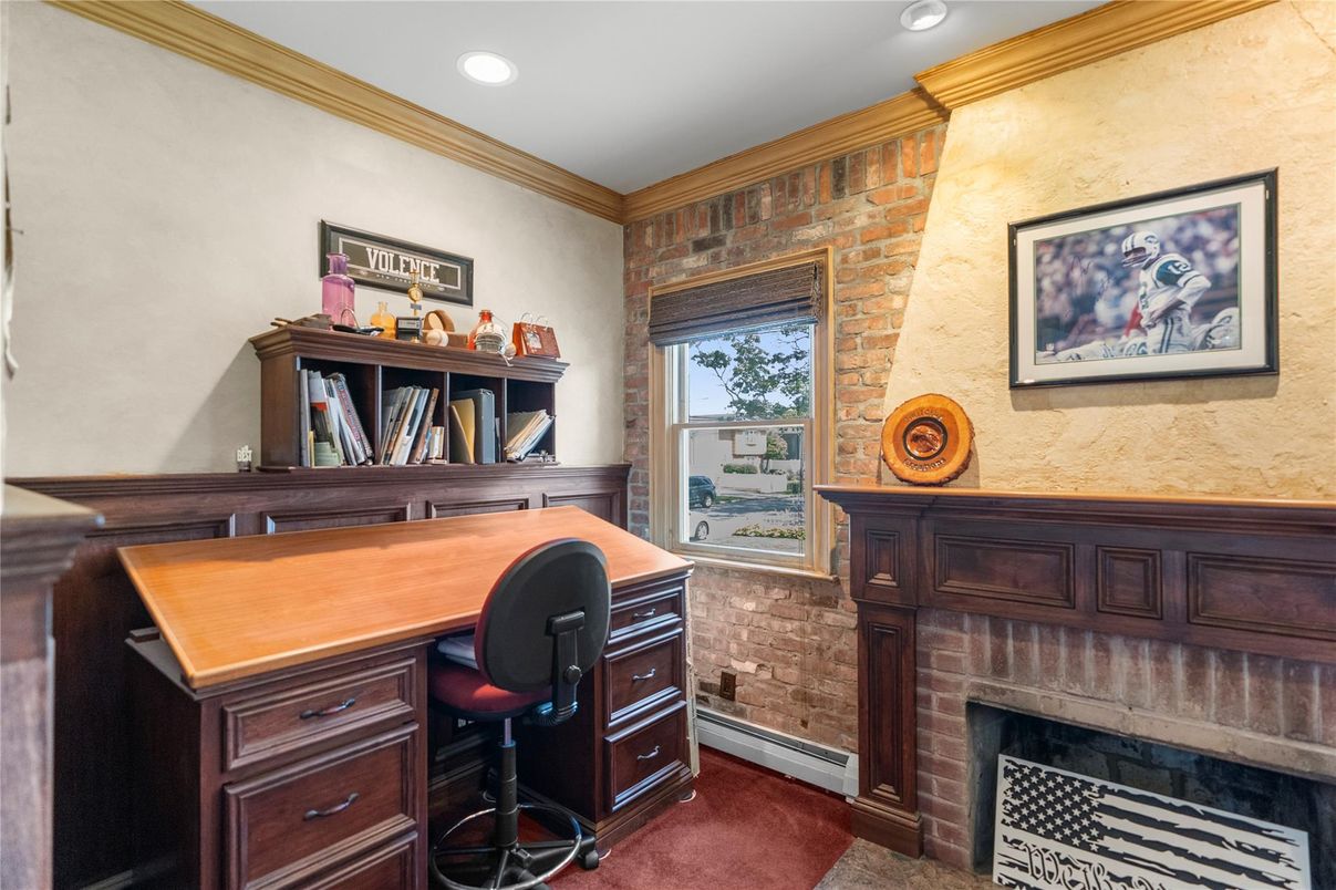 Fireplace, Home Office, Interior, Recessed Lighting, Stone Walls