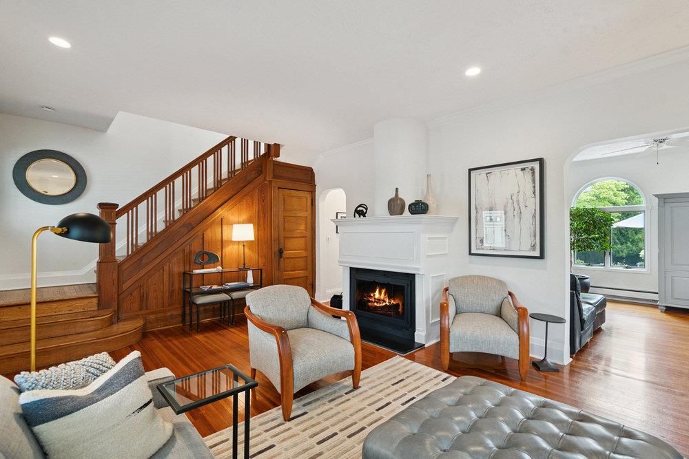 Fireplace, Interior, Living room, Recessed Lighting, Wood Texture Flooring, Wooden Walls