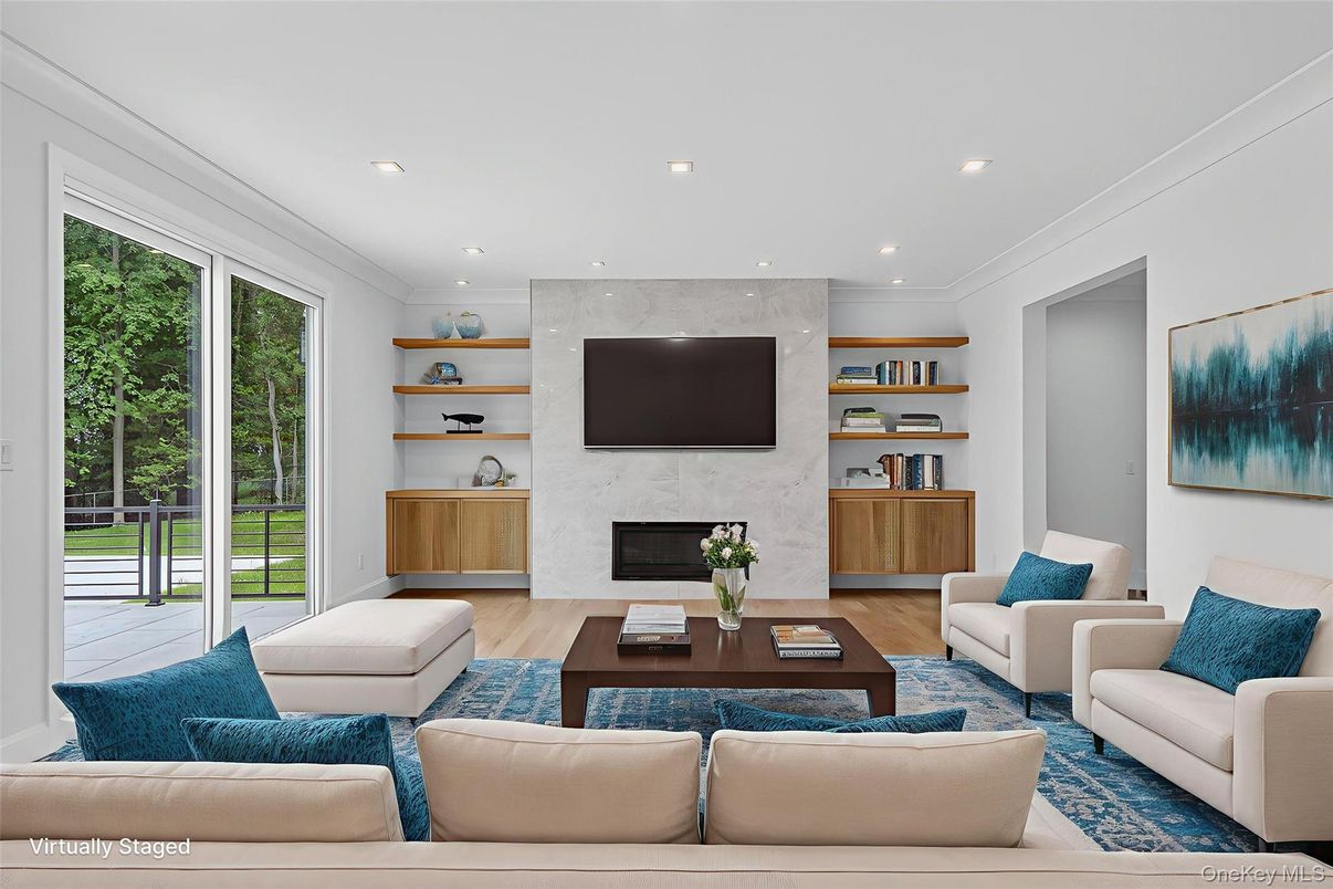 Fireplace, Interior, Living room, Recessed Lighting, Wood Texture Flooring