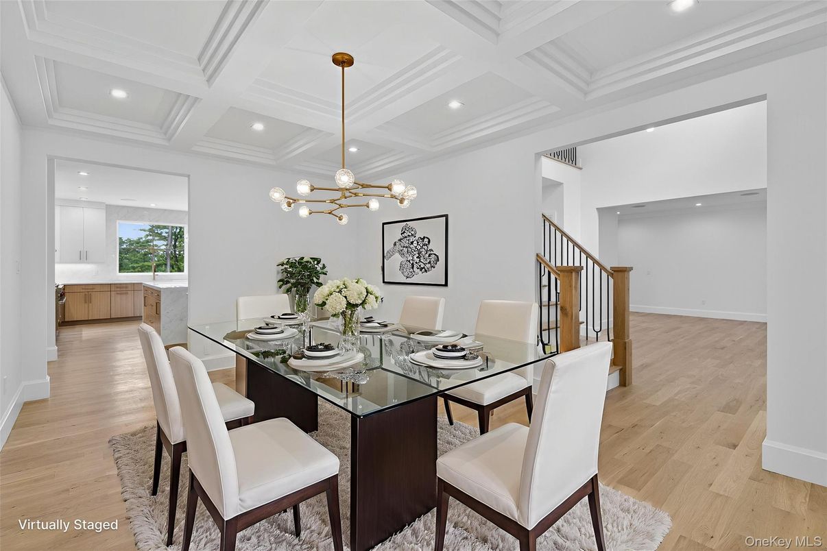 Dining room, Interior, Pendant Lights, Recessed Lighting, Wood Texture Flooring