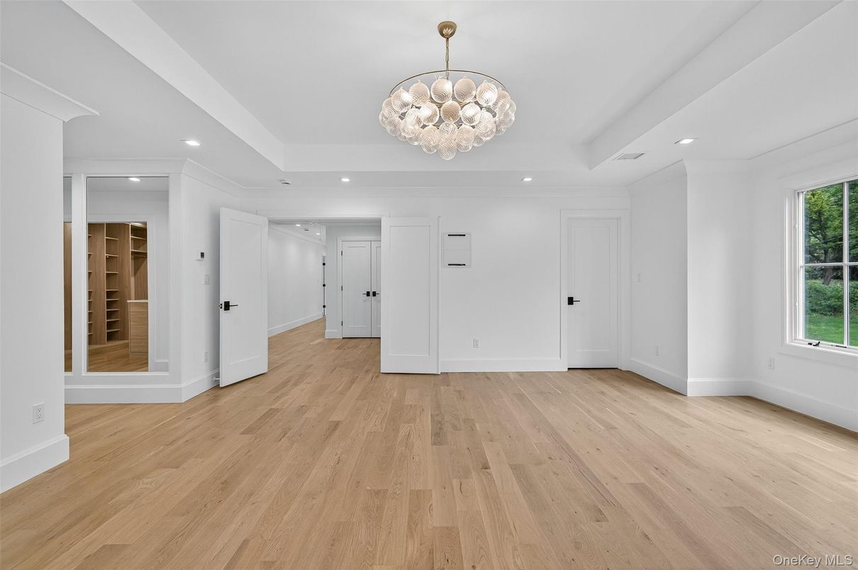 Chandelier, Empty room, Interior, Recessed Lighting, Wood Texture Flooring