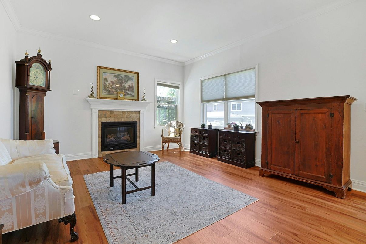 Fireplace, Interior, Recessed Lighting, Wood Texture Flooring