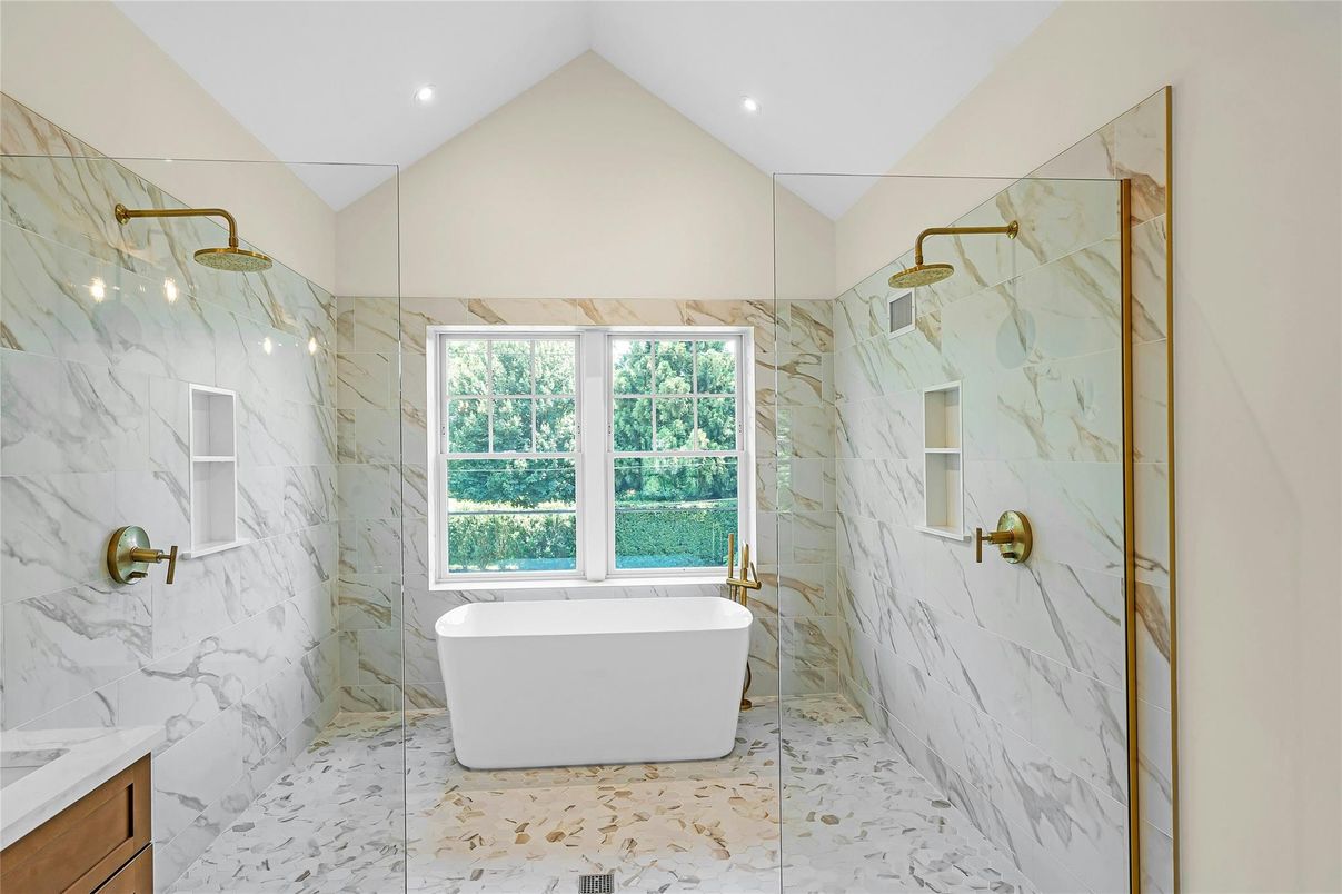 Bathroom, Free Standing Baths, Glass Shower, Interior, Marble, Marble Walls, Recessed Lighting