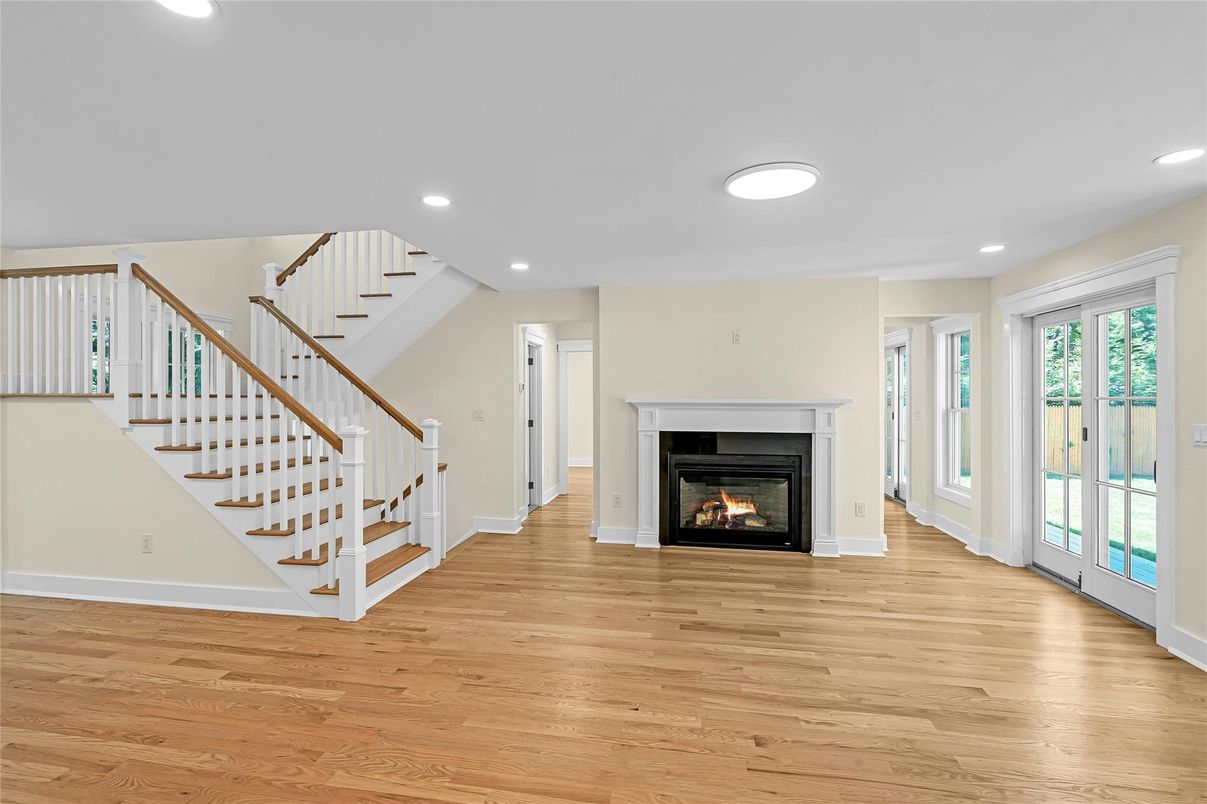 Empty room, Fireplace, Interior, Recessed Lighting, Wood Texture Flooring