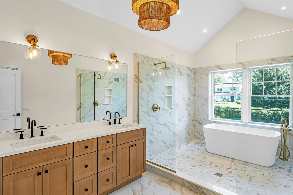 Bathroom, Dual Sink Vanities, Free Standing Baths, Glass Shower, Interior, Marble, Marble Walls, Recessed Lighting