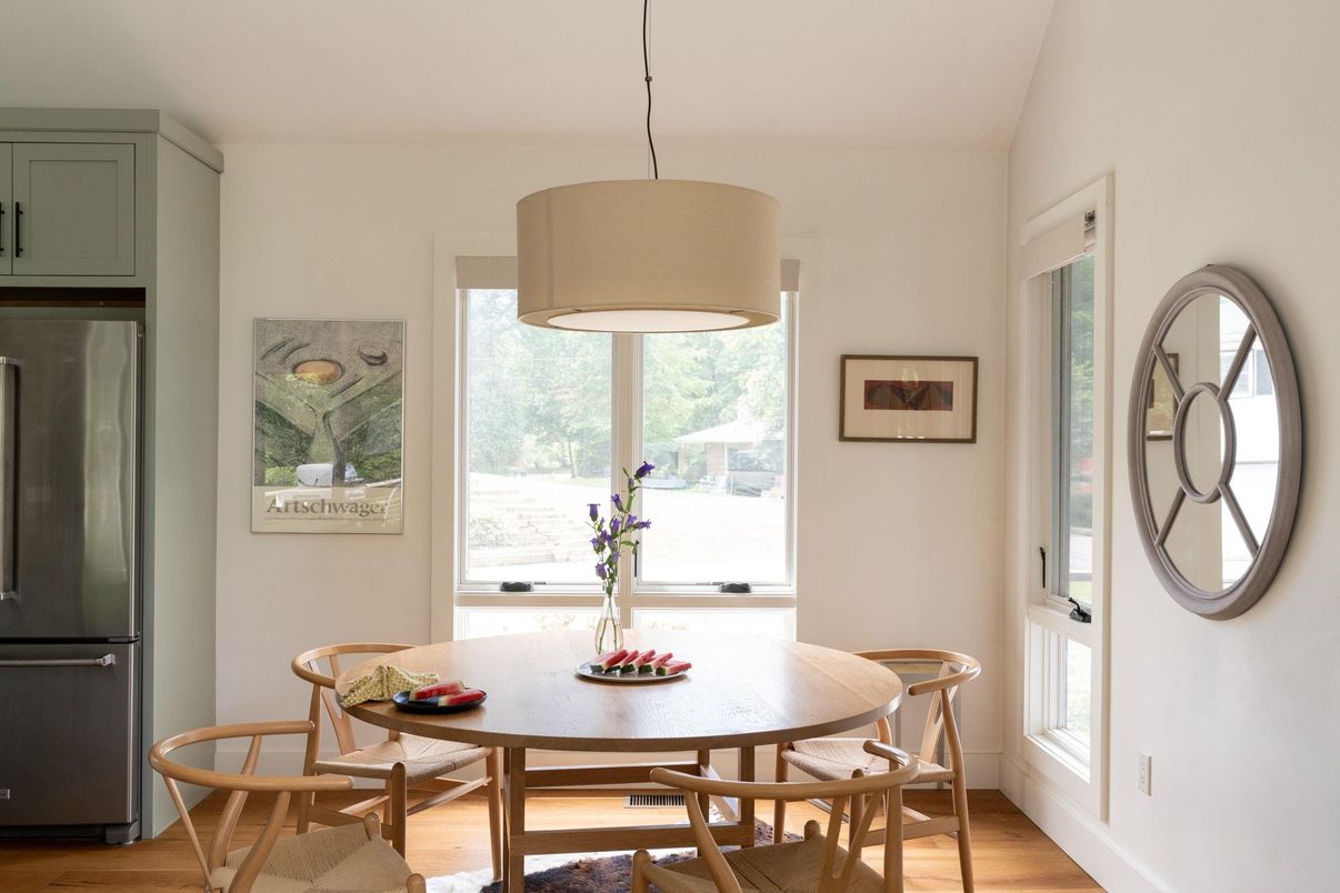 Dining room, Interior, Pendant Lights, Wood Texture Flooring