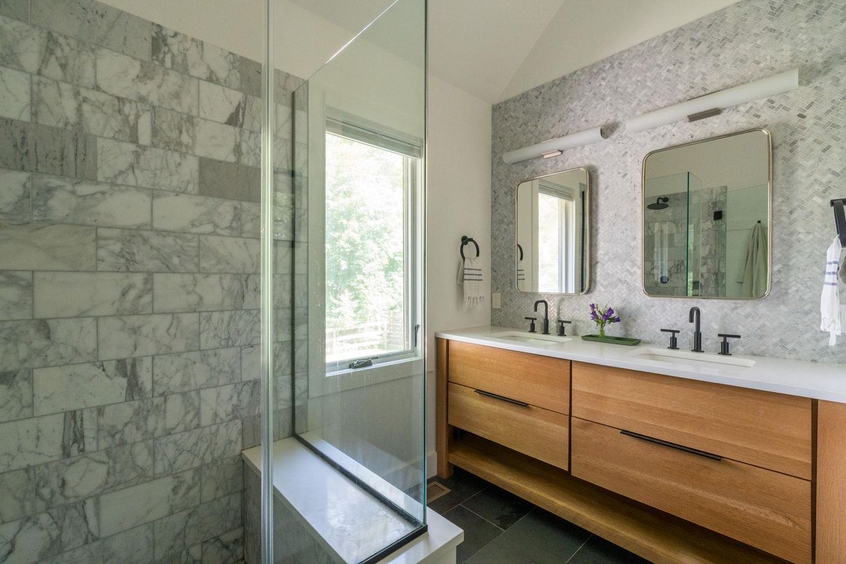 Bathroom, Dual Sink Vanities, Glass Shower, Interior, Marble Walls